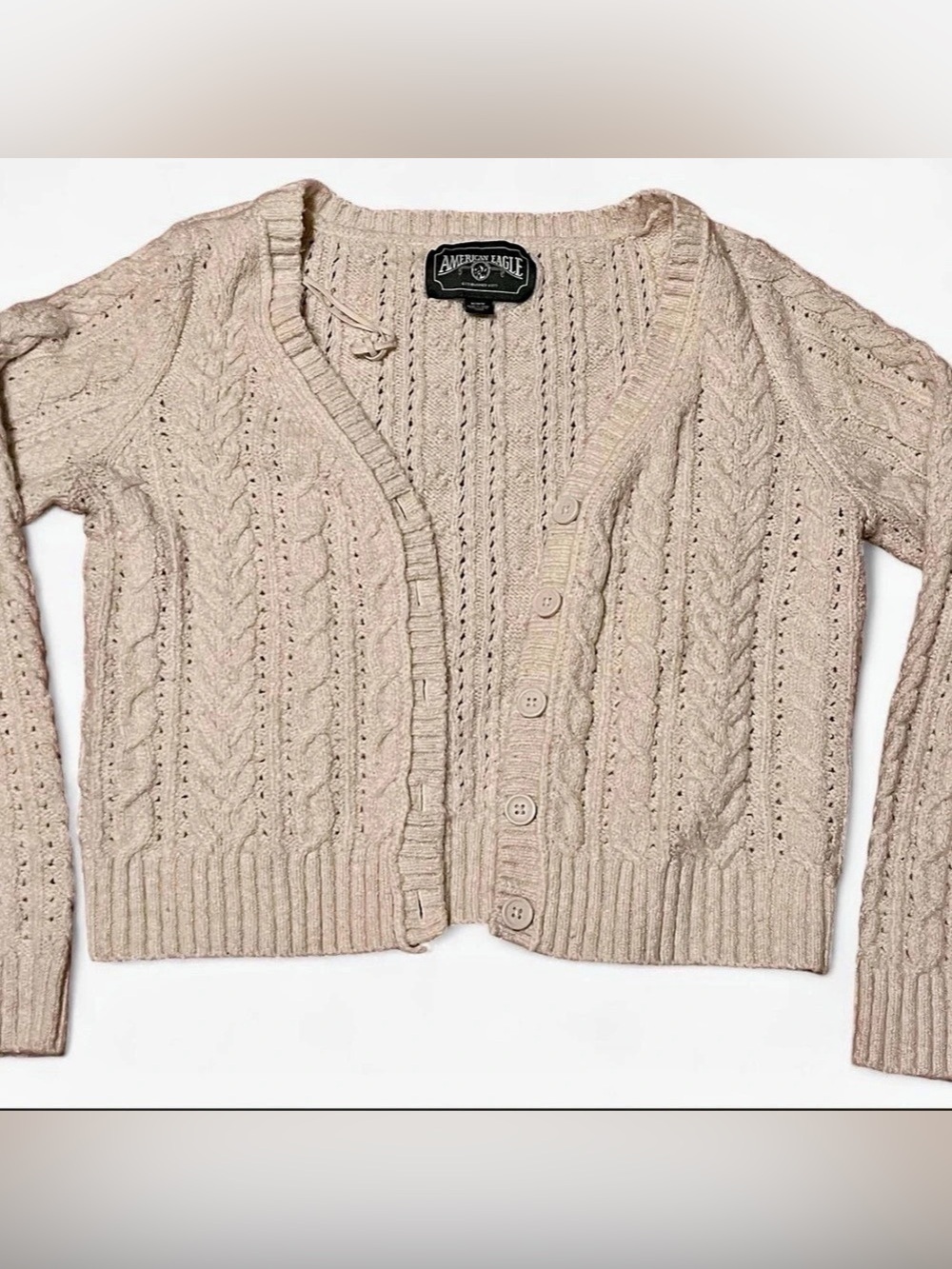 American Eagle AE Cropped Cable Knit Cardigan Beige Medium